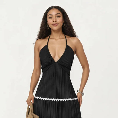 Halter Neck Maxi Dress with Pleated Skirt and Tiered Trim Detail