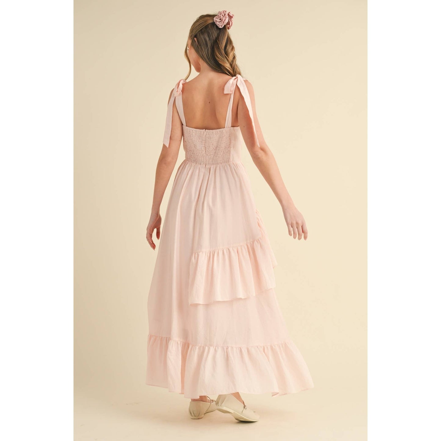 SLEEVELESS TIE-SHOULDER FLOWY RUFFLE DRESS