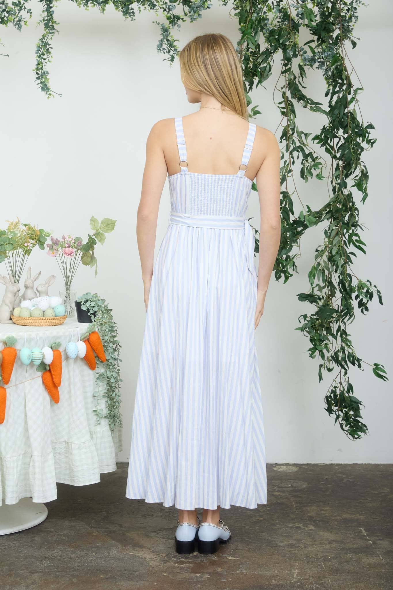 STRIPE SPAGHETTI STRAP CORSET BELTED MIDI DRESS