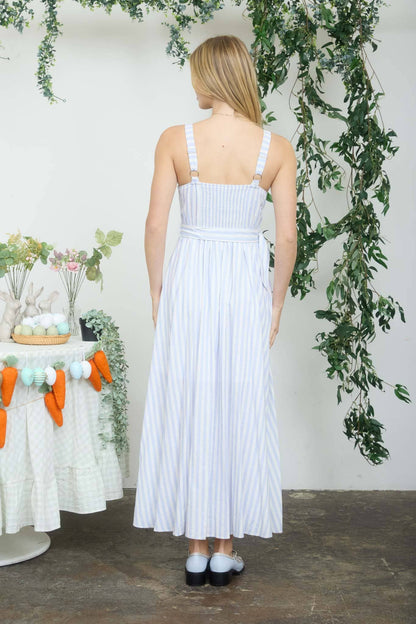 STRIPE SPAGHETTI STRAP CORSET BELTED MIDI DRESS