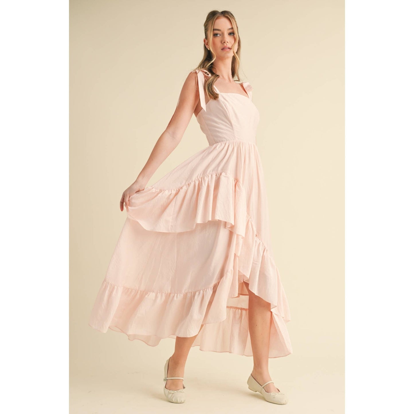 SLEEVELESS TIE-SHOULDER FLOWY RUFFLE DRESS
