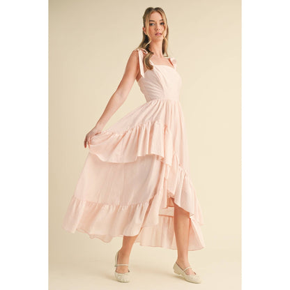 SLEEVELESS TIE-SHOULDER FLOWY RUFFLE DRESS
