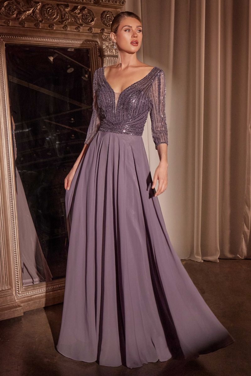 CC446-Three Quarter Sleeve Beaded Chiffon Dress