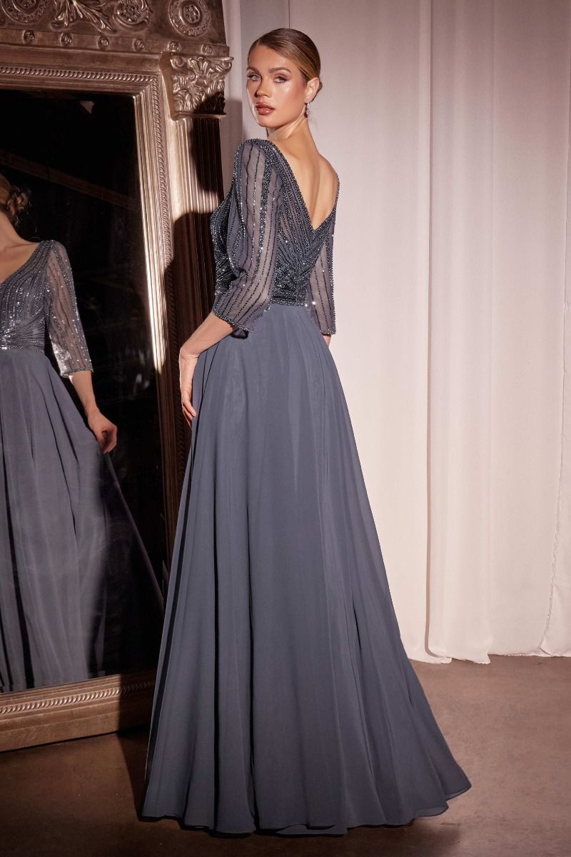 CC446-Three Quarter Sleeve Beaded Chiffon Dress