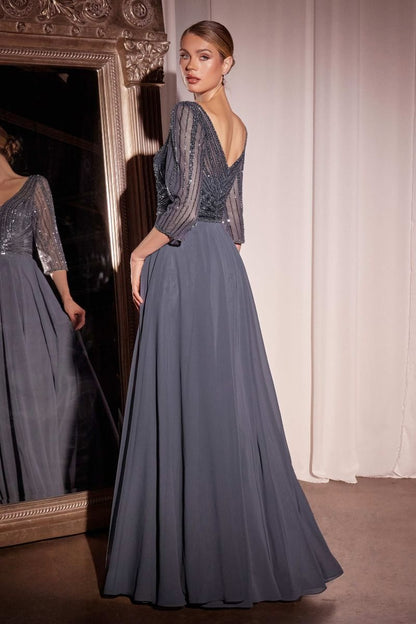 CC446-Three Quarter Sleeve Beaded Chiffon Dress