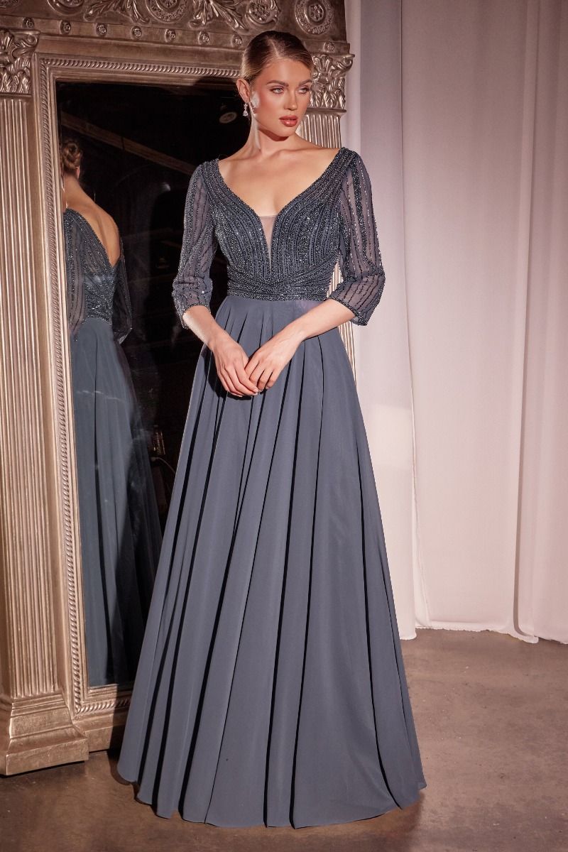 CC446-Three Quarter Sleeve Beaded Chiffon Dress