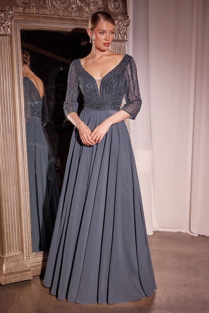 CC446-Three Quarter Sleeve Beaded Chiffon Dress