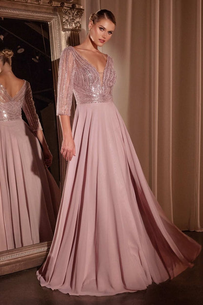 CC446-Three Quarter Sleeve Beaded Chiffon Dress
