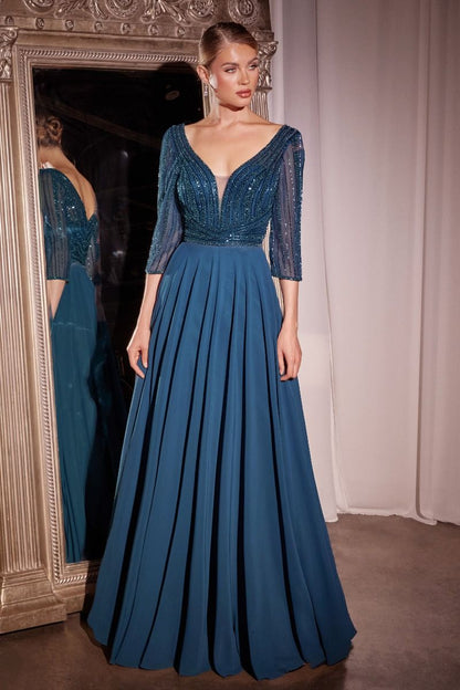 CC446-Three Quarter Sleeve Beaded Chiffon Dress