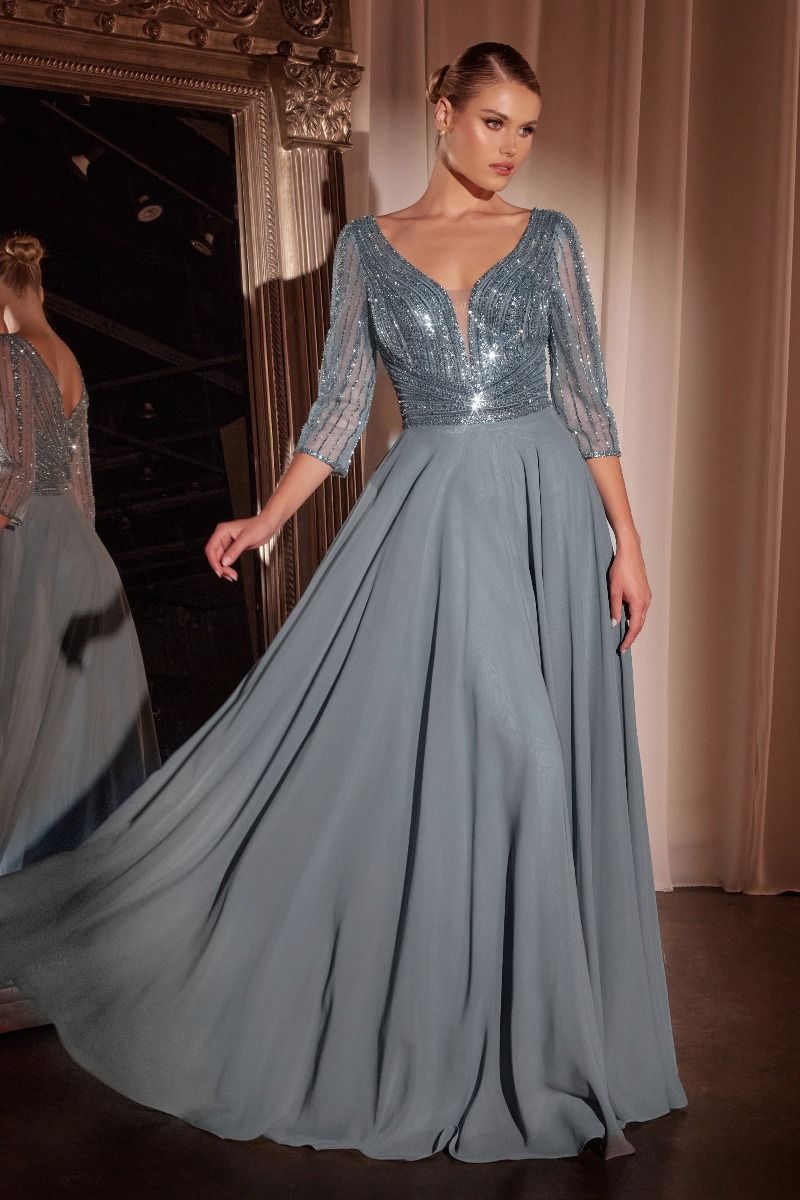 CC446-Three Quarter Sleeve Beaded Chiffon Dress