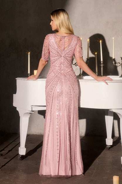 CR887-Sheath Flutter Sleeved Gown