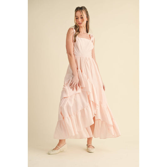SLEEVELESS TIE-SHOULDER FLOWY RUFFLE DRESS