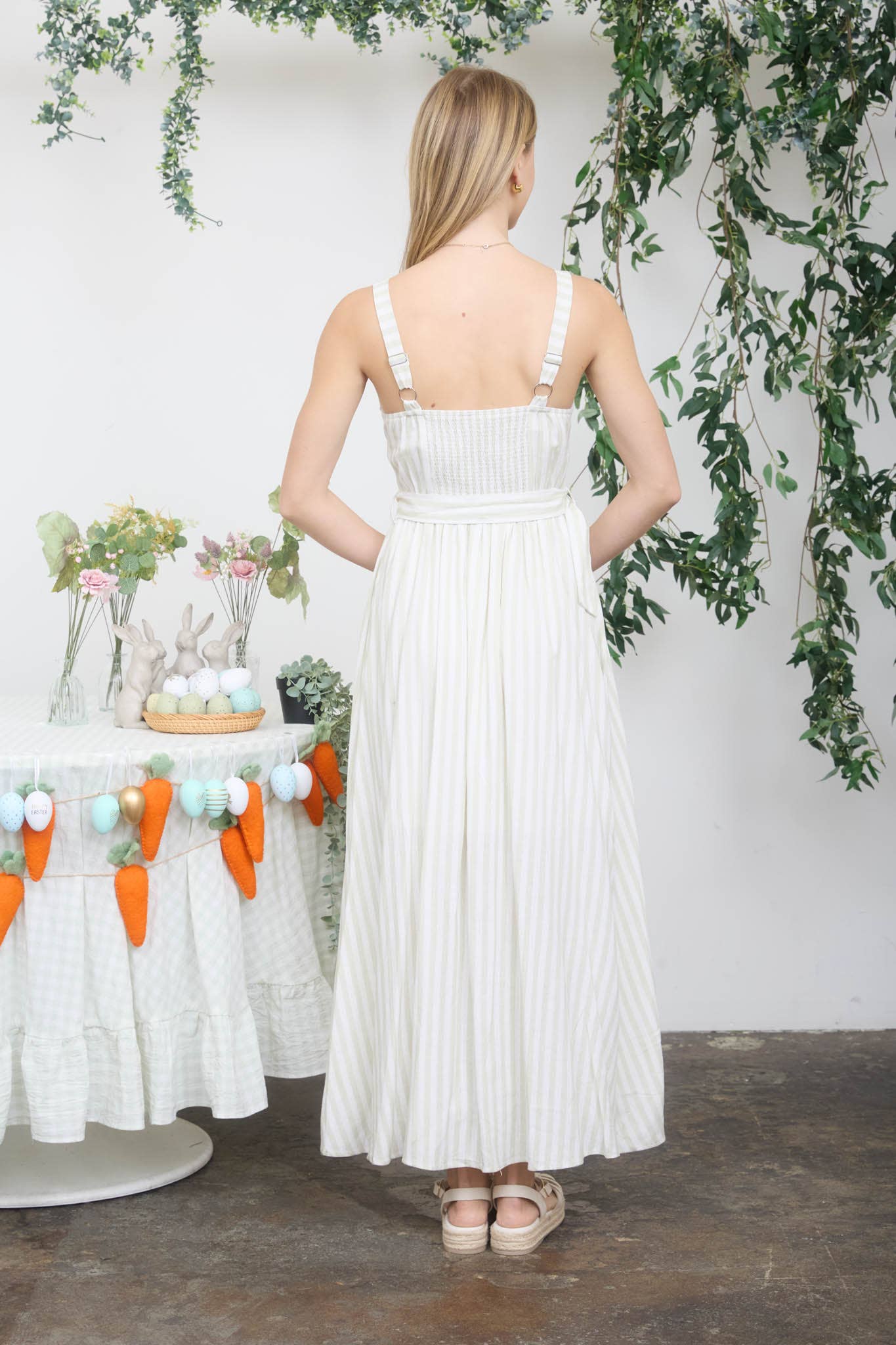 STRIPE SPAGHETTI STRAP CORSET BELTED MIDI DRESS