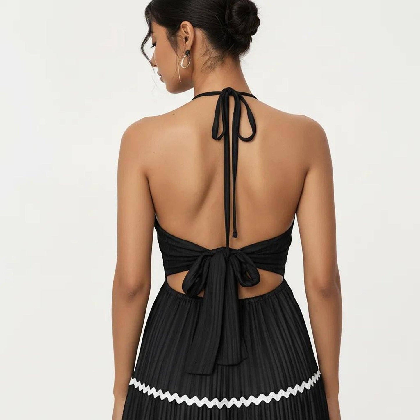 Halter Neck Maxi Dress with Pleated Skirt and Tiered Trim Detail