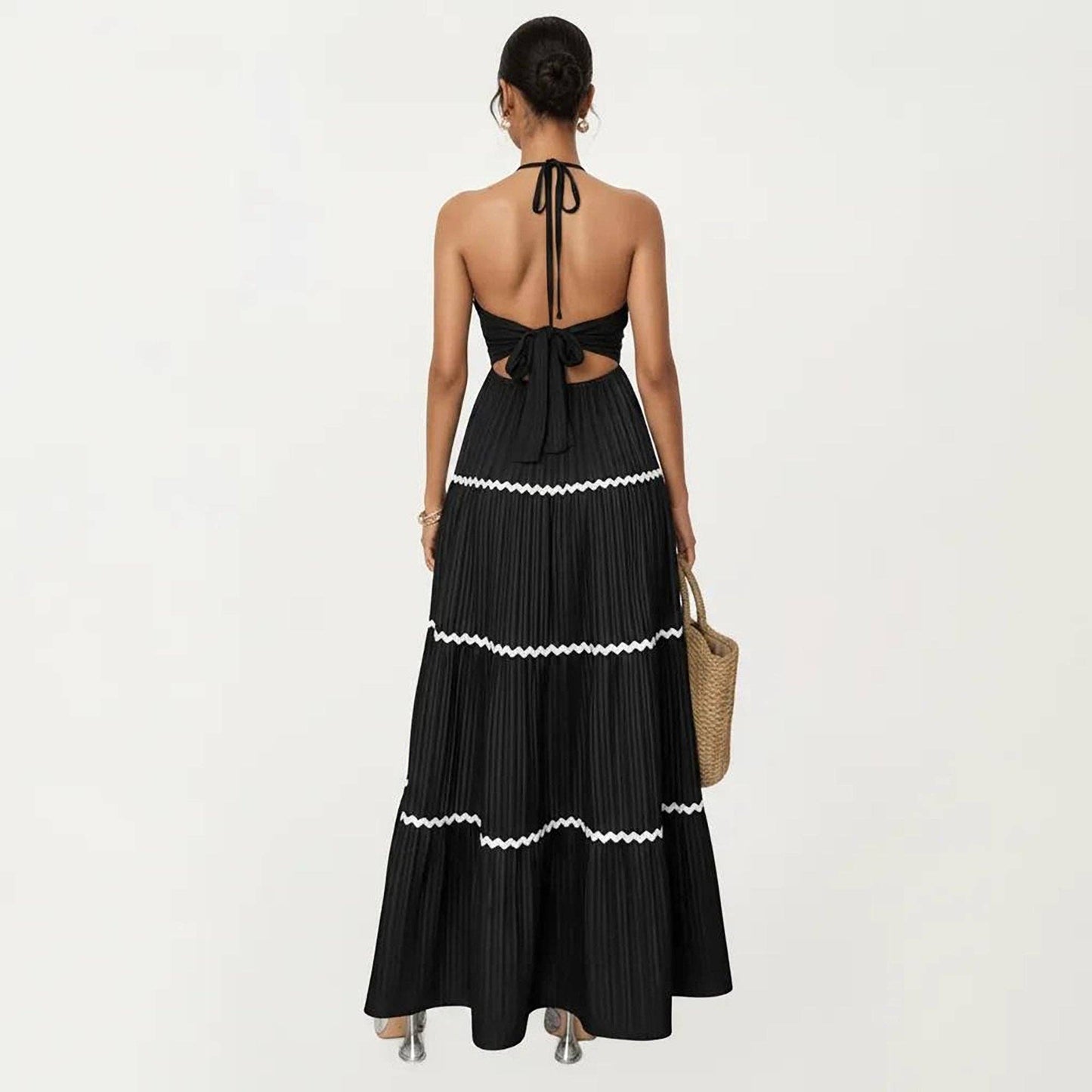 Halter Neck Maxi Dress with Pleated Skirt and Tiered Trim Detail