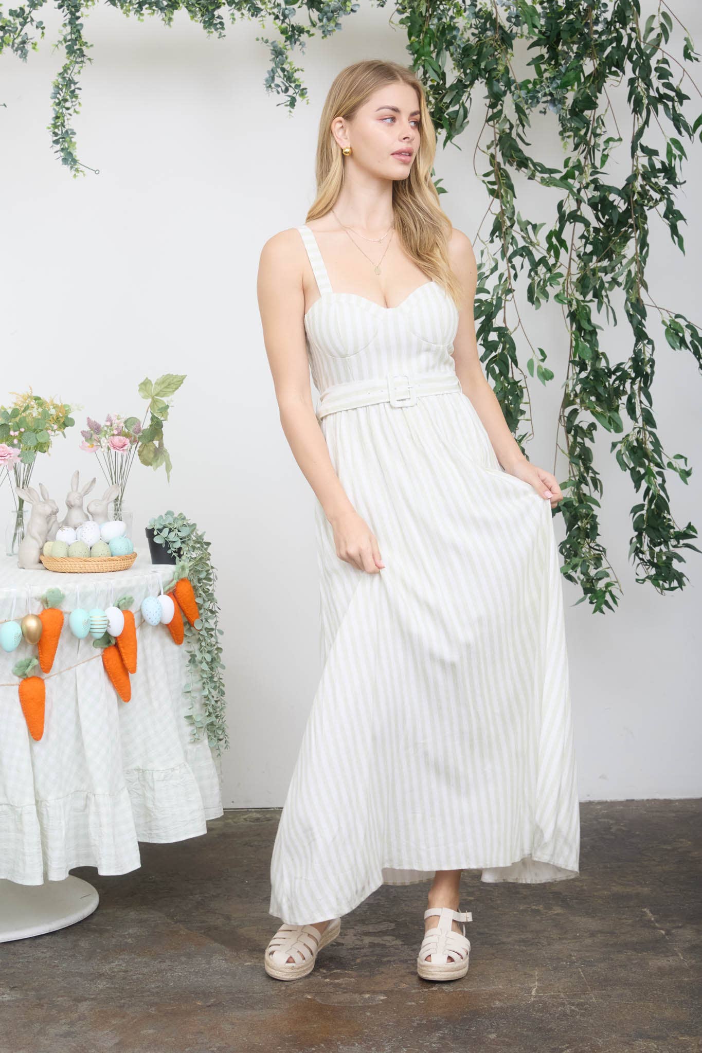 STRIPE SPAGHETTI STRAP CORSET BELTED MIDI DRESS