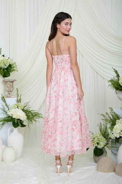 FLORAL SPAGHETTI STRAP CORSET MIDI DRESS