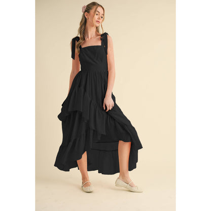 SLEEVELESS TIE-SHOULDER FLOWY RUFFLE DRESS
